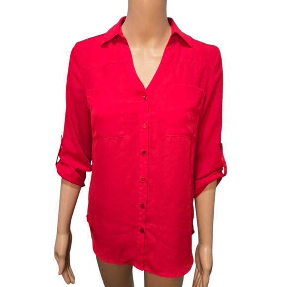IZ Byer women's XS red chiffon button down roll tab thin blouse top pocket - Picture 1 of 6